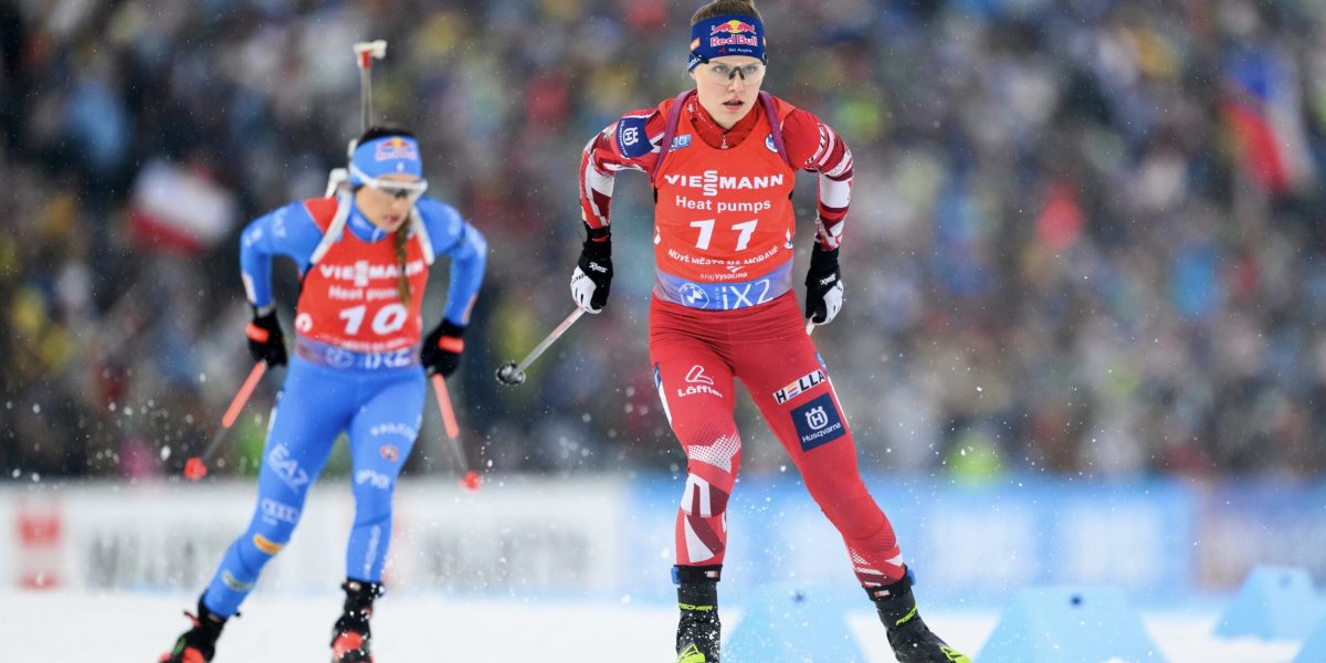 NOVE MESTO,CZECH REPUBLIC,11.FEB.24 - BIATHLON - IBU World Championships 2024, 10km pursuit, ladies. Image shows Anna Gandler (AUT). Photo: GEPA pictures/ Bildbyran/ Petter Arvidson - ATTENTION - COPYRIGHT FOR AUSTRIAN CLIENTS ONLY