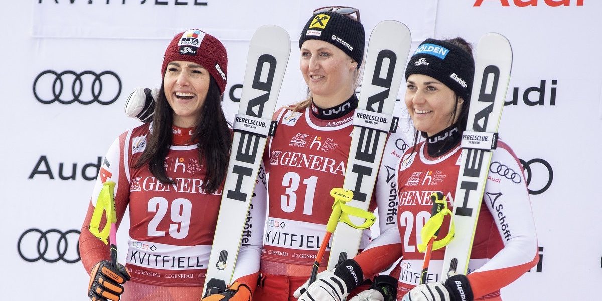 ALPINE SKIING – FIS WC Kvitfjell KVITFJELL,NORWAY,05.MAR.23 - ALPINE SKIING - FIS World Cup, Super G, ladies. Image shows Stephanie Venier, Nina Ortlieb and Franziska Gritsch (AUT). Photo: GEPA pictures/ Harald Steiner