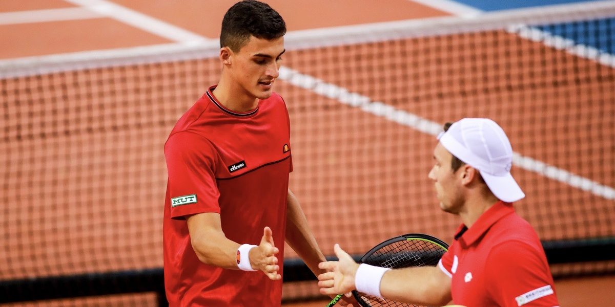 RIJEKA,CROATIA,05.FEB.23 - TENNIS - ITF Davis Cup, Croatia vs Austria. Image shows the rejoicing of Alexander Erler (AUT) and Lucas Miedler (AUT). Photo: GEPA pictures/ Matic Klansek