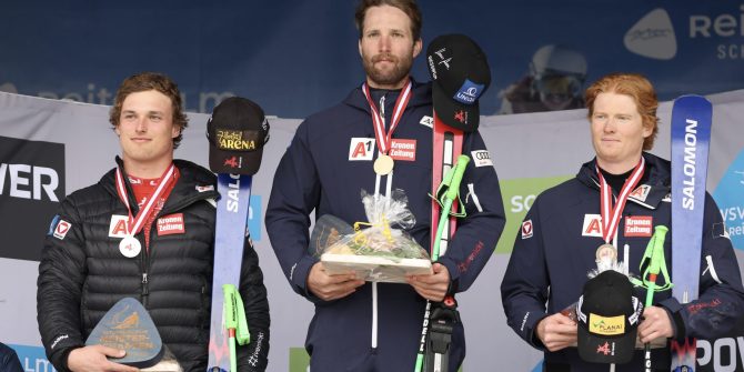 SCHLADMING,AUSTRIA,10.APR.26 - ALPINE SKIING - Ski Austria, Austrian Championships, Super G, men. Image shows Matteo Haas, Marco Schwarz and Vincent Wieser (AUT). Photo: GEPA pictures/ Mathias Mandl