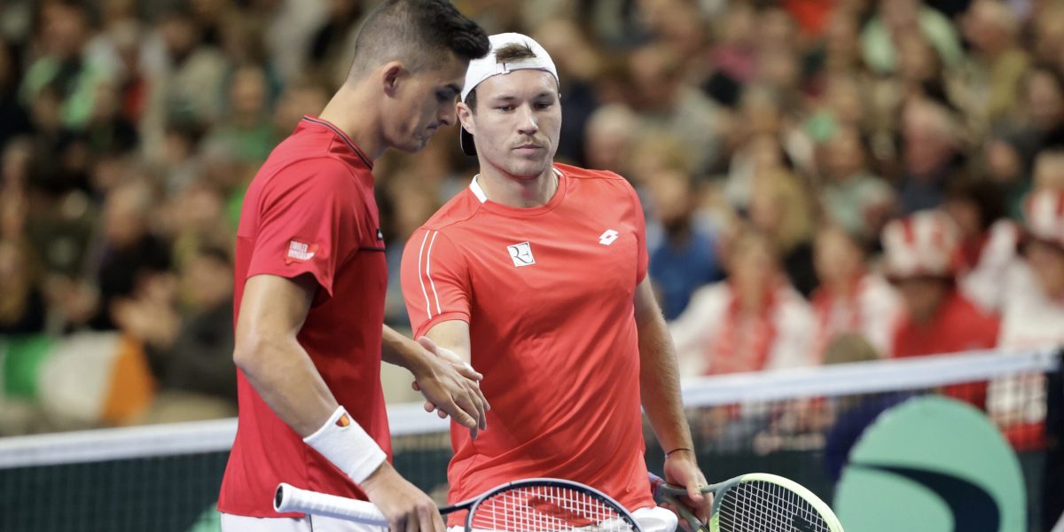 LIMERICK,IRELAND,04.FEB.24 -TENNIS - ITF Davis Cup, World Group I, play off, Ireland vs Austria. Image shows Alexander Erler and Lucas Miedler (AUT). Photo: GEPA pictures/ Walter Luger