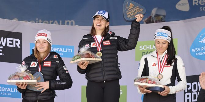 SCHLADMING,AUSTRIA,11.APR.26 - ALPINE SKIING - Ski Austria, Austrian Championships, giant slalom. Image shows Leonie Raich, Viktoria Buergler and Franziska Gritsch (AUT). Photo: GEPA pictures/ Mathias Mandl