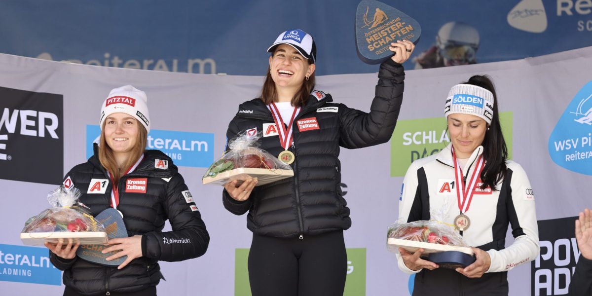 SCHLADMING,AUSTRIA,11.APR.26 - ALPINE SKIING - Ski Austria, Austrian Championships, giant slalom. Image shows Leonie Raich, Viktoria Buergler and Franziska Gritsch (AUT). Photo: GEPA pictures/ Mathias Mandl