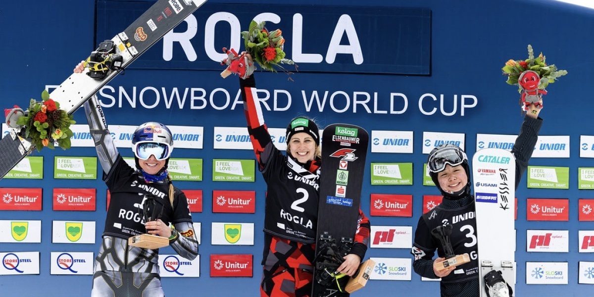 FIS Snowboard World Cup – Rogla SLO – PGS FIS Snowboard World Cup - Rogla SLO - PGS - Women's podium with 2nd LEDECKA Ester CZE, 1st SCHOEFFMANN Sabine AUT and 3rd MIKI Tsubaki JPN © Miha Matavz/FIS