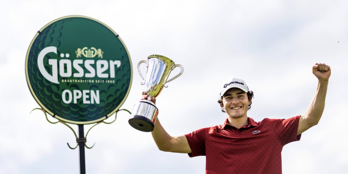 GOLF – Goesser Open 2024 MARIA LANKOWITZ,AUSTRIA,18.MAY.24 - GOLF - Alps Tour, Goesser Open, GC Erzherzog Johann. Image shows the rejoicing of Maximilian Steinlechner (AUT). Keywords: trophy. Photo: GEPA pictures/ Matic Klansek