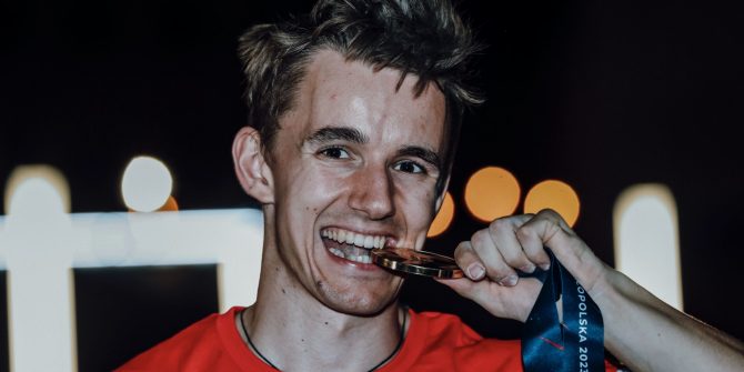 OLYMPICS – EG Krakow-Malopolska 2023 KRAKOW,POLAND,23.JUN.23 - OLYMPICS, CLIMBING -European Games Krakow-Malopolska 2023, speed. Image shows Lukas Knapp (AUT). Keywords: medal. Photo: GEPA pictures/ Patrick Steiner