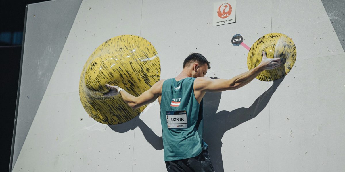 Bern (SUI), 4 August 2023: UZNIK Nicolai of Austria competes in men’s Boulder final during the IFSC World Championships in Bern (SUI).©️ Lena Drapella/IFSC. This photo is for editorial use only. For any additional use please contact communications@ifsc-climbing.org.