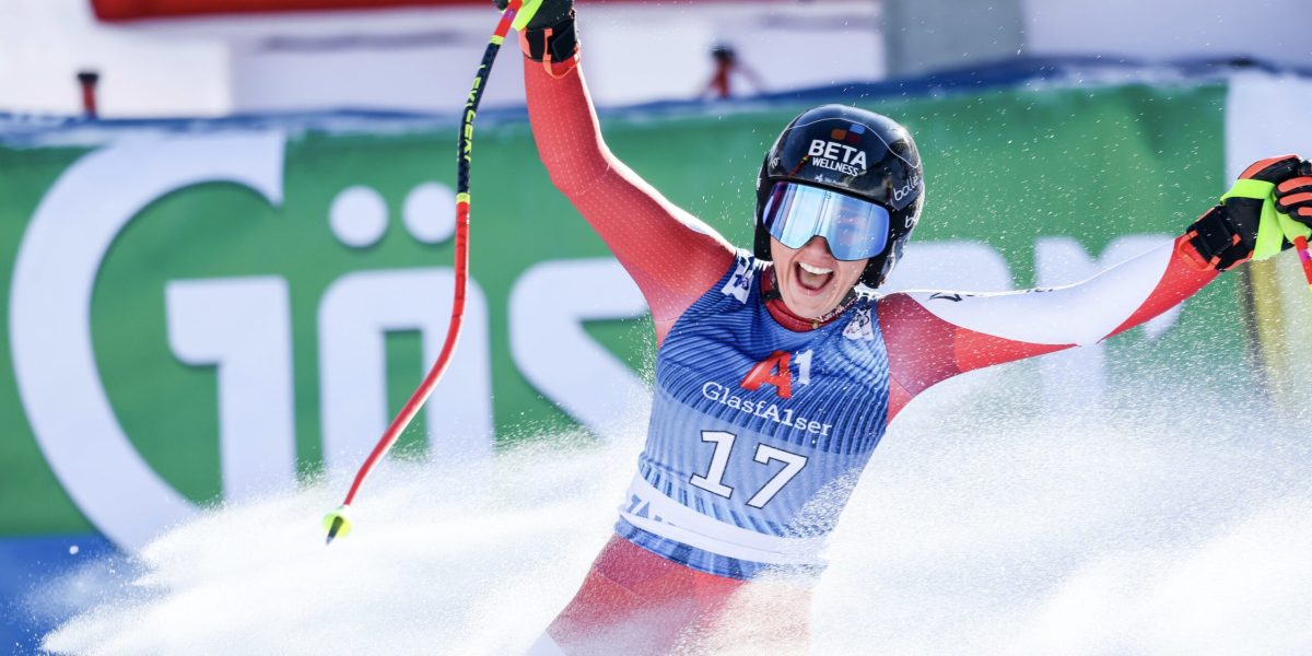 ALTENMARKT/ZAUCHENSEE,AUSTRIA,13.JAN.24 - ALPINE SKIING - FIS World Cup, downhill, ladies. Image shows the rejoicing of Stephanie Venier (AUT). Photo: GEPA pictures/ Harald Steiner