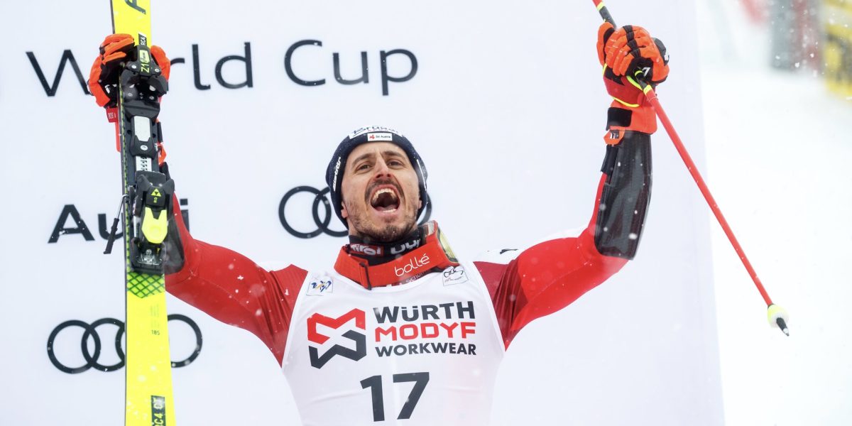 ALPINE SKIING – FIS WC Val D Isere VAL D ISERE,FRANCE,14.DEC.24 - ALPINE SKIING - FIS World Cup, giant slalom, men, award ceremony. Image shows the rejoicing of Stefan Brennsteiner (AUT). Photo: GEPA pictures/ Matic Klansek