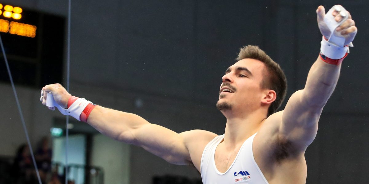 GRAZ,AUSTRIA,18.JUN.22 - ARTISTIC GYMNASTICS - Sport Austria Finals, men. Image shows the rejoicing of Vinzenz Hoeck (AUT). Photo: GEPA pictures/ Mario Buehner