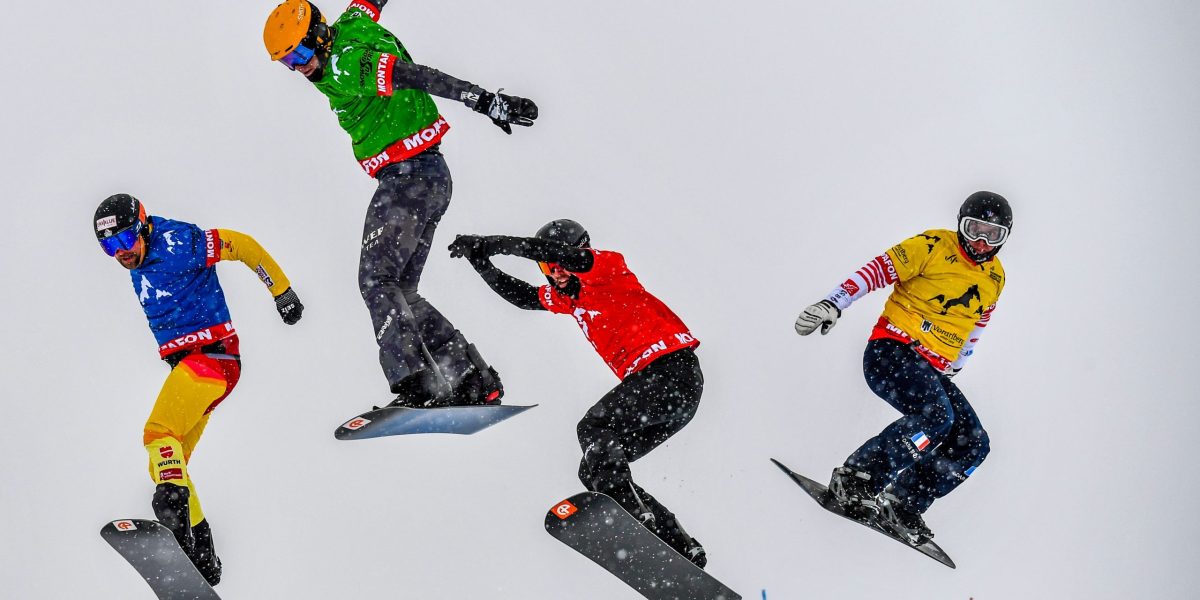 SCHRUNS,AUSTRIA,13.DEZ.19 - SNOWBOARDING - FIS World Cup, BXT, Snowboard Cross. Image shows Martin Noerl (GER), Jakob Dusek (AUT), Cameron Bolton (AUS) and Ken Vuagnoux (FRA). Photo: GEPA pictures/ Oliver Lerch