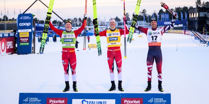 FALUN,SWEDEN,28.FEB.26 - NORDIC SKIING, CROSS COUNTRY SKIING - FIS World Cup, sprint, ladies, men. Image shows Lars Heggen, Johannes Hoesflot Klaebo (NOR) and Benjamin Moser (AUT). Photo: GEPA pictures/ Bildbyran/ Jesper Zerman - ATTENTION - COPYRIGHT FOR AUSTRIAN CLIENTS ONLY