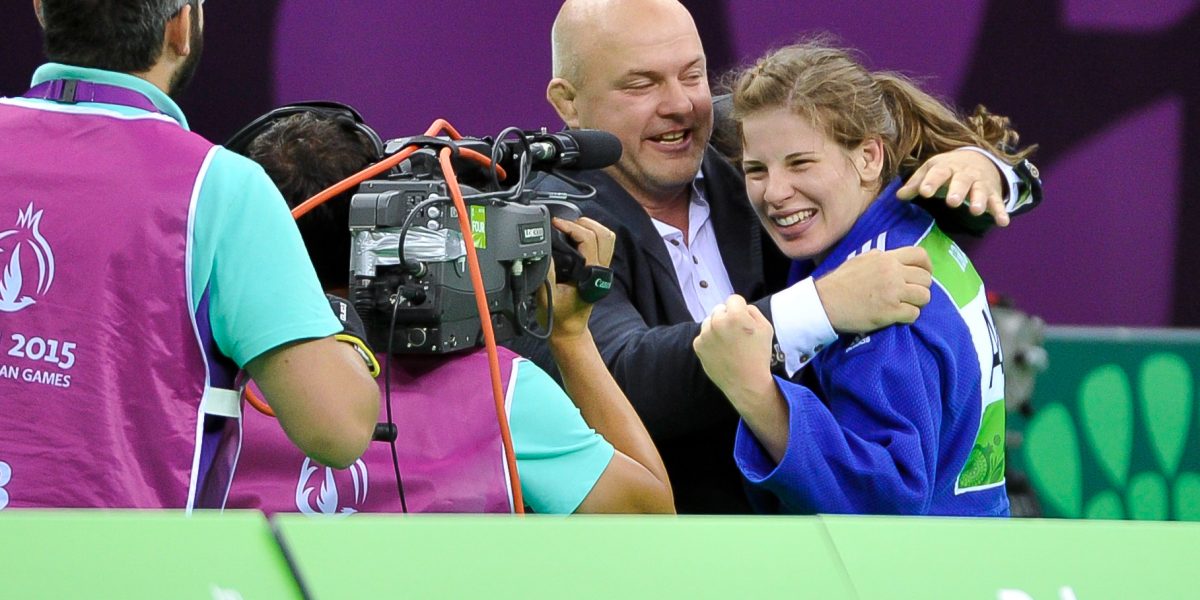 BAKU,AZERBAIJAN,24.JUN.15 - European Games Baku,Judo women-70kg. Image shows the rejoicing of coach Marko Spittka and Bernadette Graf (AUT).Photo: GEPA pictures/ Martin Hoermandinger