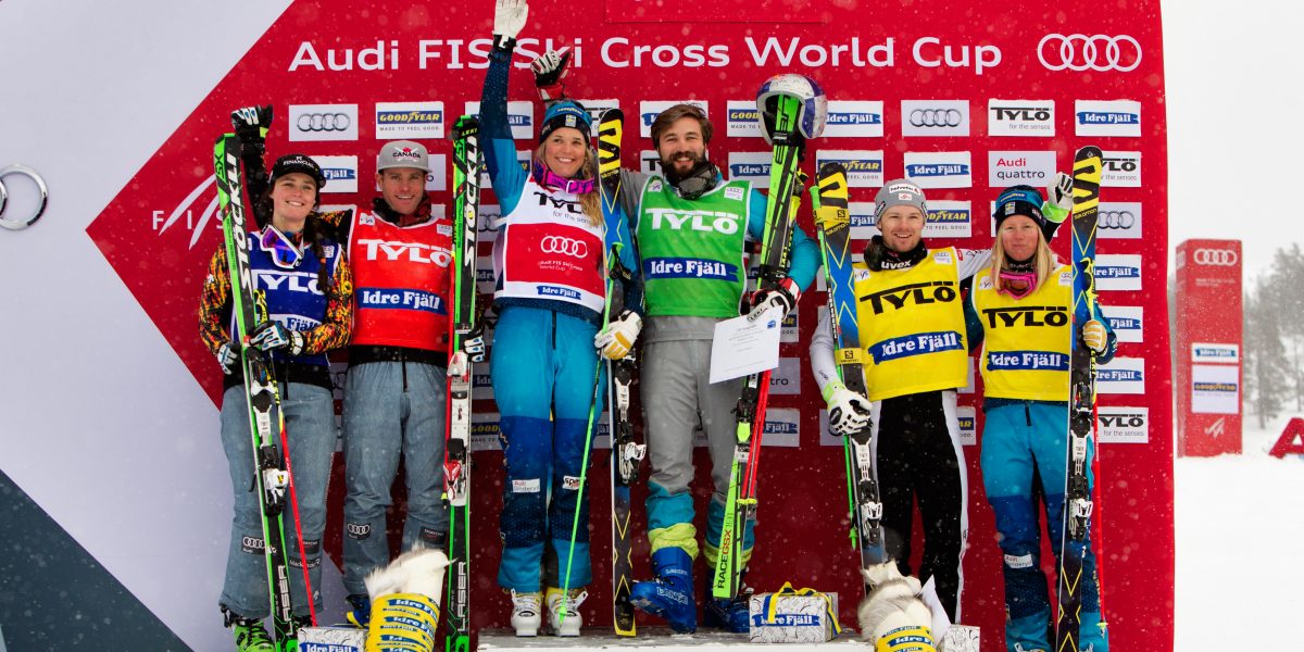 FREESTYLE SKIING – FIS SX WC Idre IDRE,SWEDEN,13.FEB.16 - FREESTYLE SKIING - FIS World Cup, Ski Cross, award ceremony. Image shows Marielle Thompson (CAN), Christopher Delbosco (CAN), Anna Holmlund (SWE), Filip Flisar (SLO), Christoph Wahrstoetter (AUT) and Sandra Naeslund (SWE). Keywords: Stoeckli. Photo: GEPA pictures/ Matthias Hauer