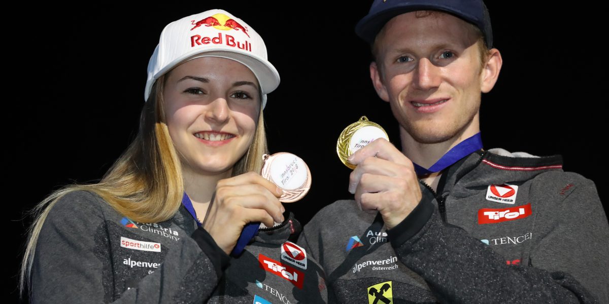 CLIMBING – IFSC WC 2018 INNSBRUCK,AUSTRIA,16.SEP.18 - CLIMBING - IFSC World Championships, combined. Image shows Jessica Pilz (AUT) and Jakob Schubert (AUT). keywords: medal. Photo: GEPA pictures/ Andreas Pranter