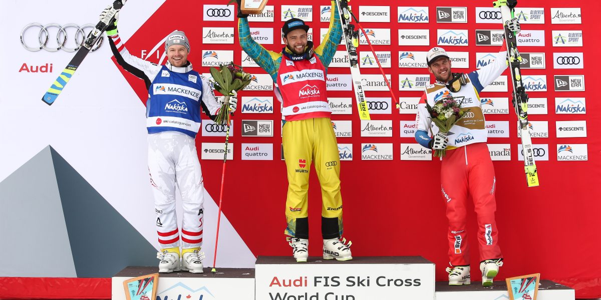 FREESTYLE SKIING – FIS WC Nakiska NAKISKA,CANADA,20.JAN.18 - FREE SKI, FREESTYLE SKIING - FIS World Cup Nakiska, Ski Cross. Image shows the rejoicing of Christoph Wahrstoetter (AUT), Paul Eckert (GER) and Marc Bischofberger (SUI). Photo: GEPA pictures/ Daniel Goetzhaber