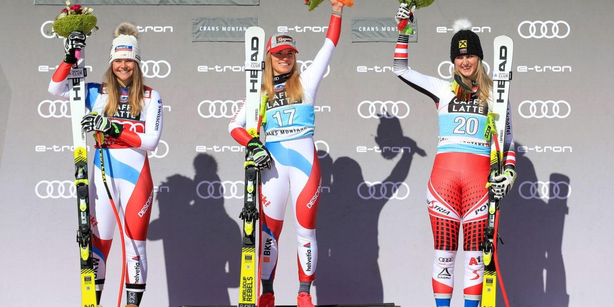 CRANS MONTANA,SWITZERLAND,22.FEB.20 - ALPINE SKIING - FIS World Cup, downhill, ladies. Image shows the rejoicing of Corinne Suter (SUI), Lara Gut Behrami (SUI) and Nina Ortlieb (AUT). Photo: GEPA pictures/ Mario Buehner