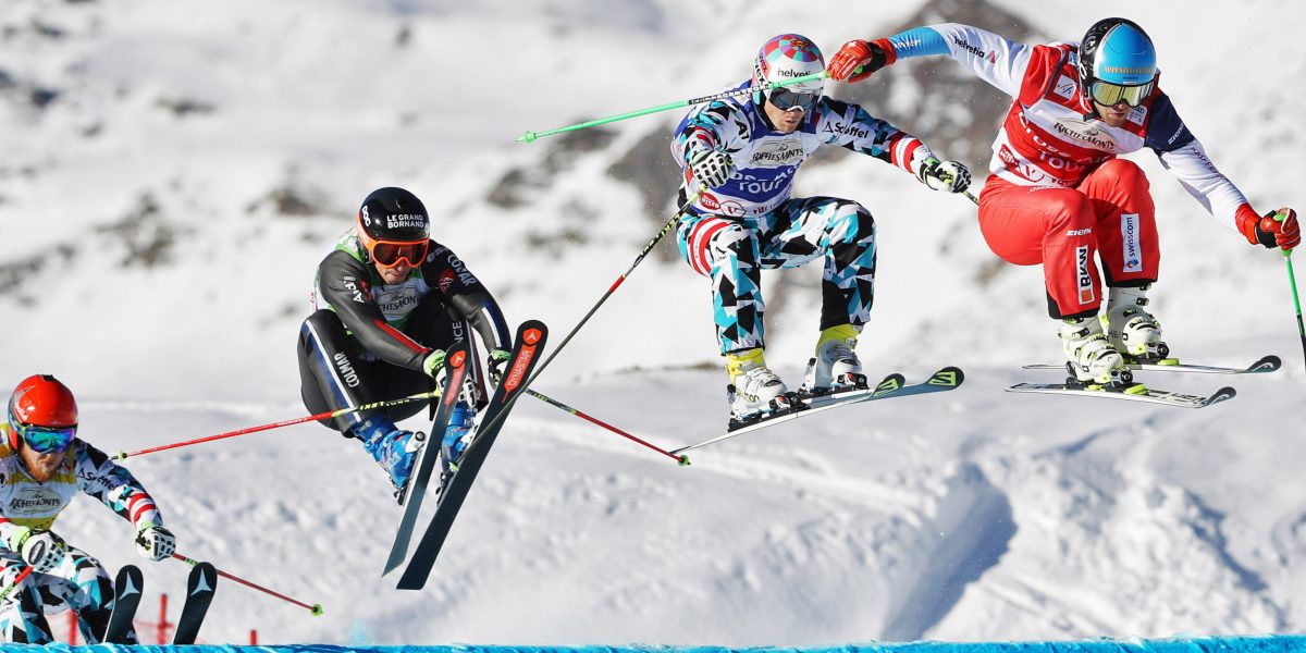FREE STYLE – FIS SX WC Val Thorens VAL THORENS,FRANCE,10.DEC.16 - FREESTYLE SKIING - FIS World Cup, Ski Cross, men. Image shows Thomas Harasser (AUT), Jonathan Midol (FRA), Christoph Wahrstoetter (AUT) and Marc Bischofberger (SUI). Photo: GEPA pictures/ Matthias Hauer