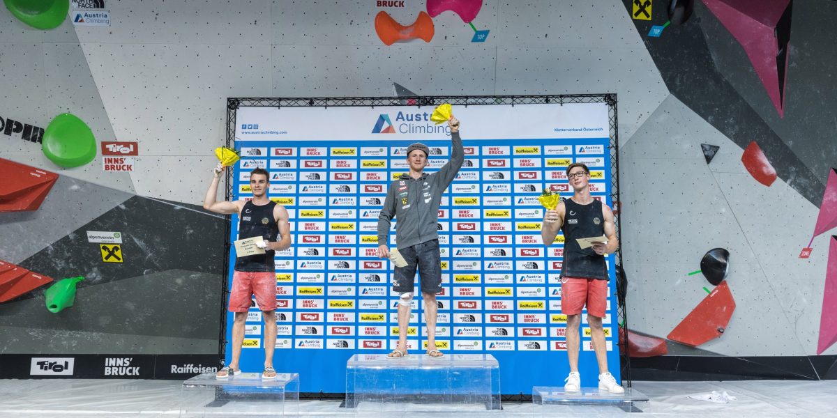 CLIMBING – Austrian Climbing Summer Series INNSBRUCK,AUSTRIA,09.JUL.20 - CLIMBING - Austrian Climbing Summer Series, boulder, men, award ceremony. Image shows Martin Philipp (GER), Jakob Schubert (AUT) and Christoph Schweiger (GER). Photo: GEPA Pictures/ KVOE/ Andreas Aufschnaiter