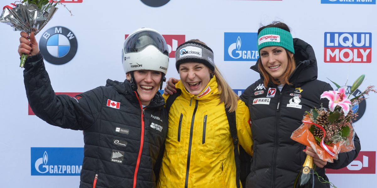 INNSBRUCK,AUSTRIA,03.FEB.17 - SKELETON - IBSF World Cup, ladies, flower ceremony. Image shows Mirela Rahneva (CAN), Tina Hermann (GER) and Janine Flock (AUT). Photo: GEPA pictures/ Hans Osterauer