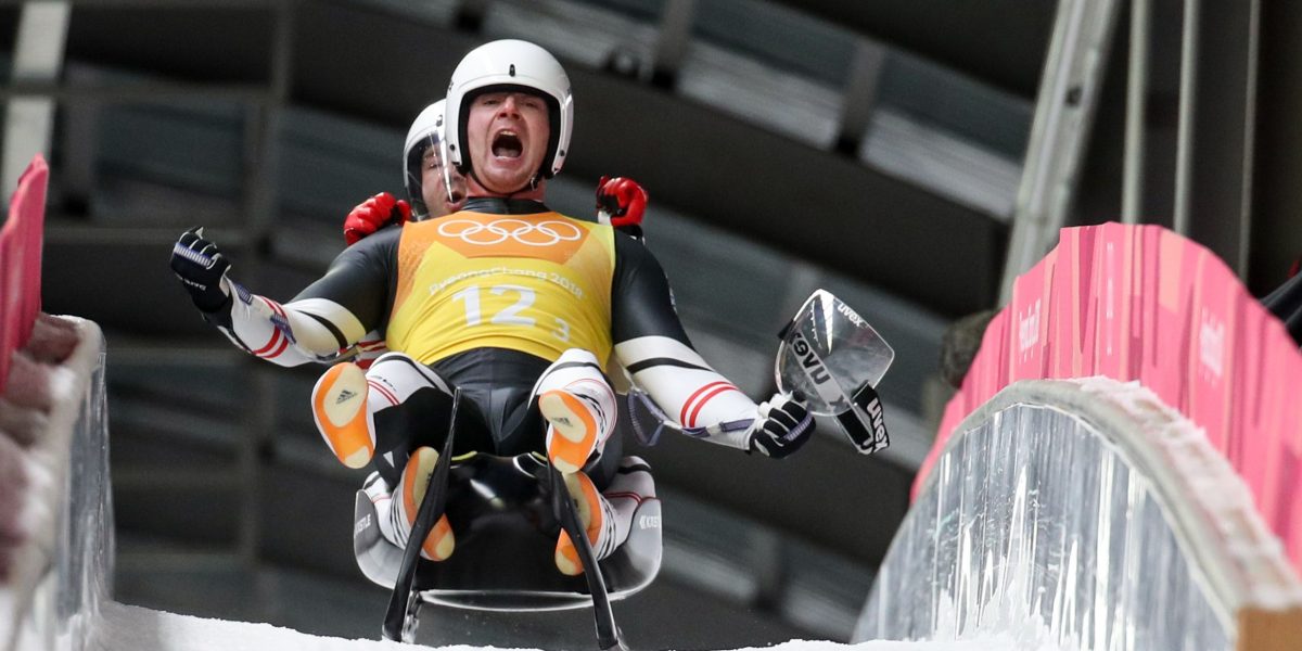 OLYMPICS – 2018 Winter Olympics PYEONGCHANG,SOUTH KOREA,15.FEB.18 - OLYMPICS,LUGE - Olympic Winter Games PyeongChang 2018, team relay. Image shows the rejoicing of Peter Penz and Georg Fischler (AUT). Photo: GEPA pictures/ Matic Klansek