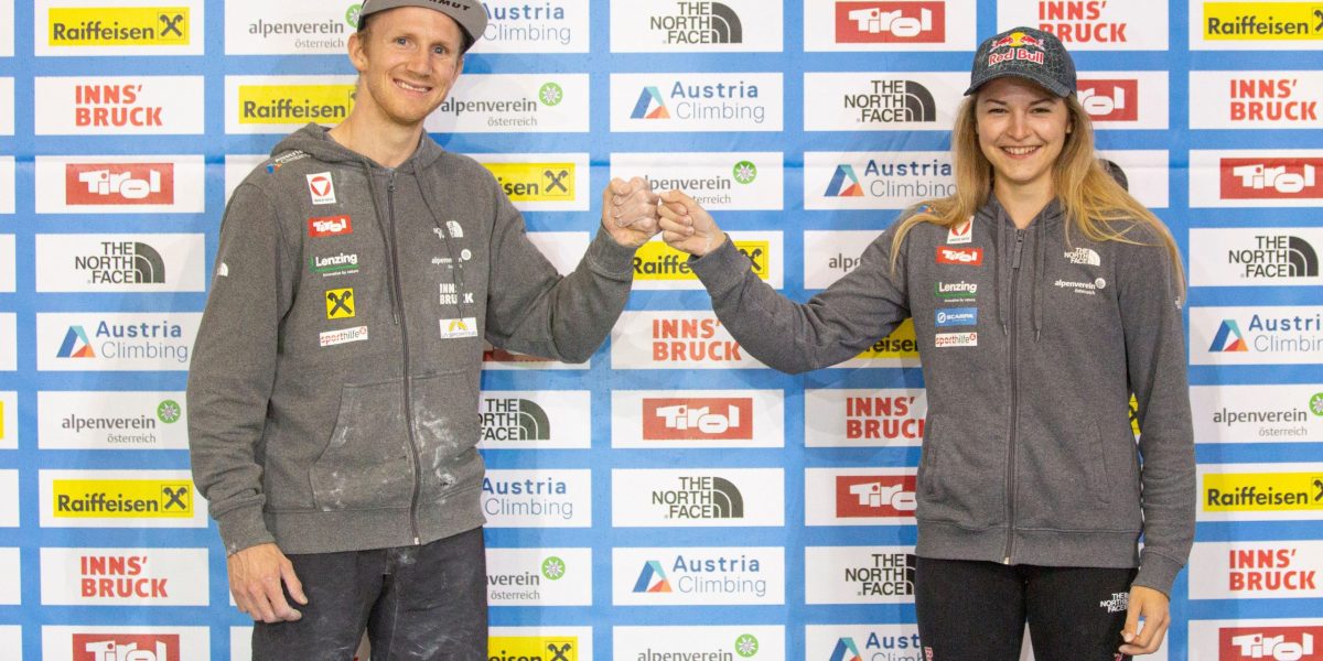 CLIMBING – Austrian Climbing Summer Series IMST,AUSTRIA,03.AUG.20 - CLIMBING - Austrian Climbing Summer Series, lead, men, final. Image shows Jakob Schubert and Jessica Pilz (AUT). Photo: GEPA pictures/ KVOE/ Heiko Wilhelm